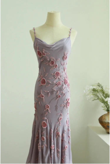 Elegant Chiffon Draped Neck 3D Rose Spaghetti Straps Mermaid Prom Dress With Overlength Train
