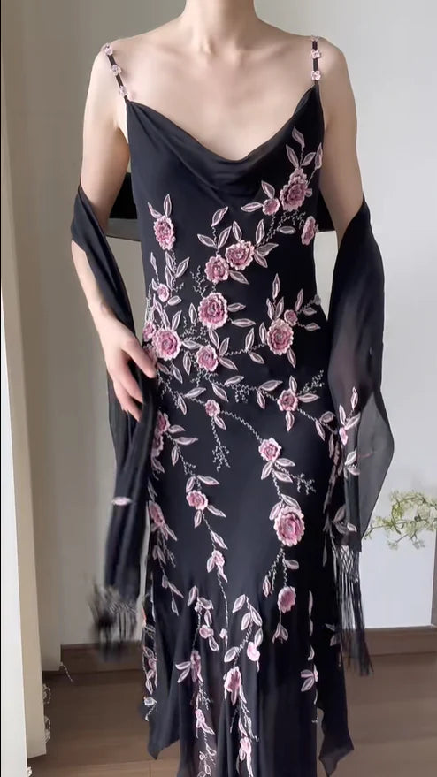 Elegant Chiffon Draped Neck 3D Rose Spaghetti Straps Mermaid Prom Dress With Overlength Train