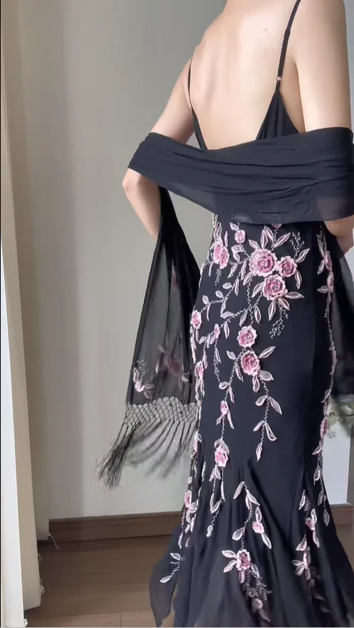 Elegant Chiffon Draped Neck 3D Rose Spaghetti Straps Mermaid Prom Dress With Overlength Train