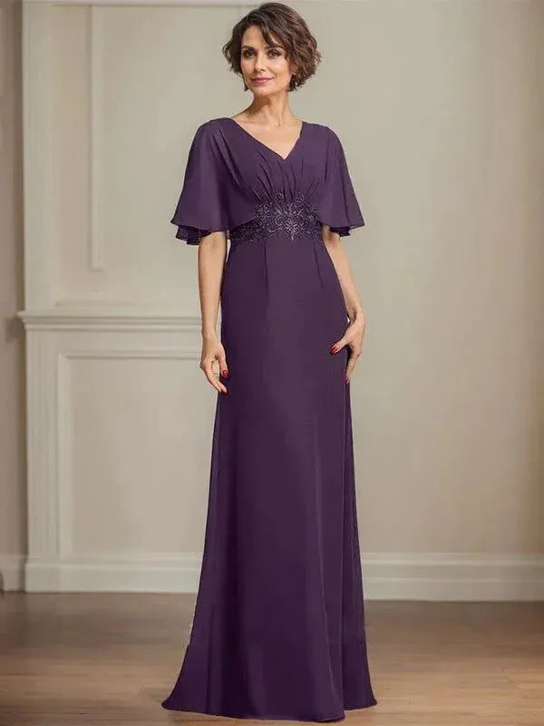 Elegant A-line V-neck Lace Appliques Chiffon Purple Floor-Length Mother Of The Bride Dress Buy