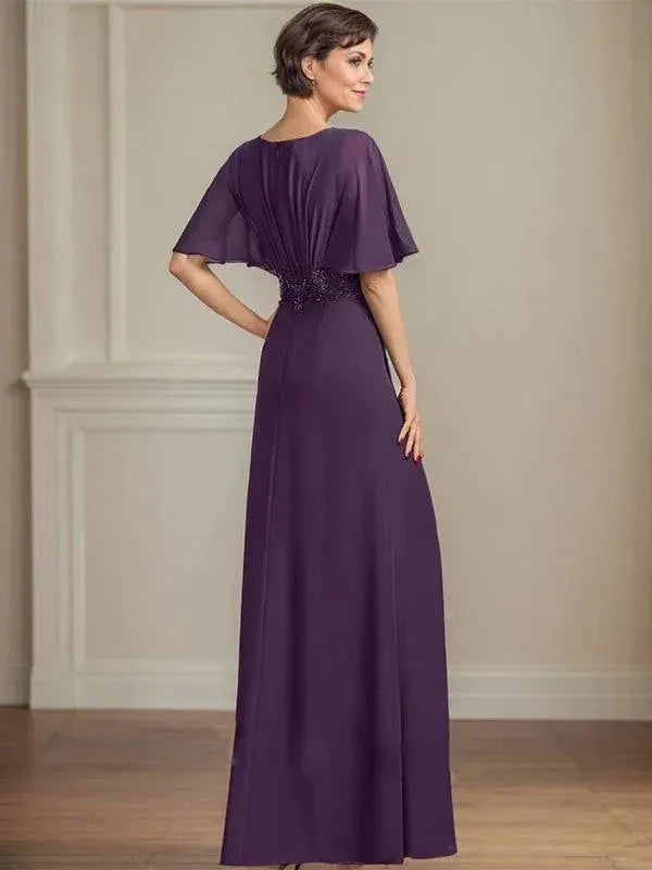Elegant A-line V-neck Lace Appliques Chiffon Purple Floor-Length Mother Of The Bride Dress Buy