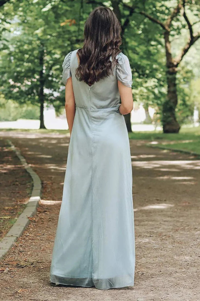 Elegant Chiffon With Applique V Neck Cap Sleeve A-Line Full length Bridesmaid Dress
