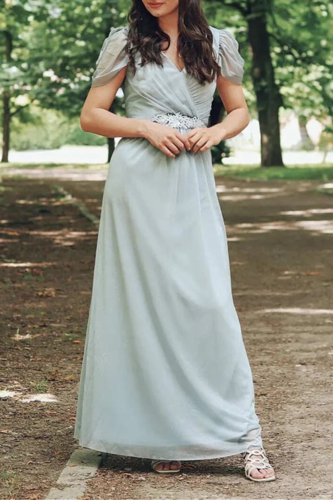 Elegant Chiffon With Applique V Neck Cap Sleeve A-Line Full length Bridesmaid Dress