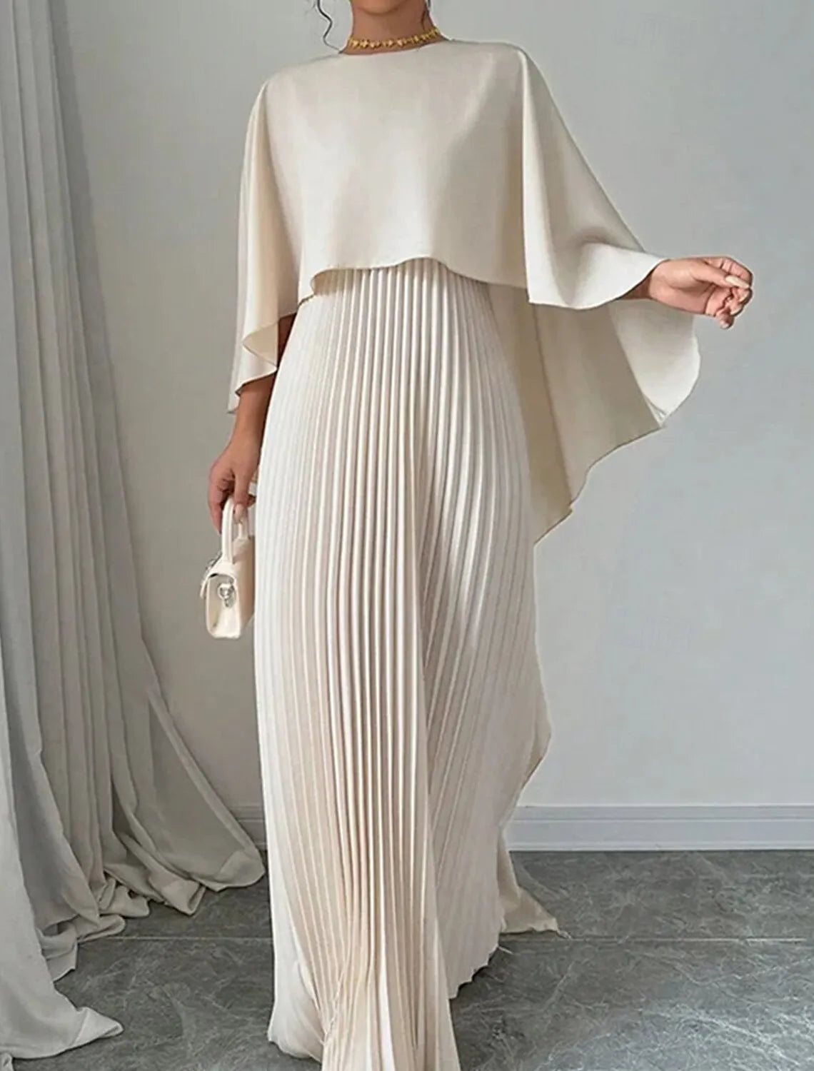 Elegant Column Crew Neck Cape-sleeve Pleated Beige Maxi Prom Dress for Women Custom