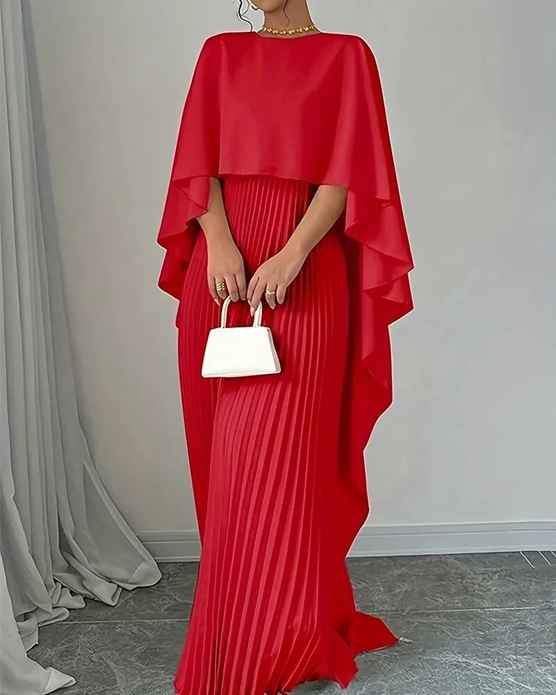 Elegant Column Crew Neck Cape-sleeve Pleated Beige Maxi Prom Dress for Women Custom