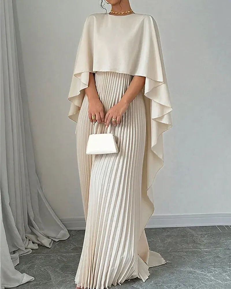Elegant Column Crew Neck Cape-sleeve Pleated Beige Maxi Prom Dress for Women Custom