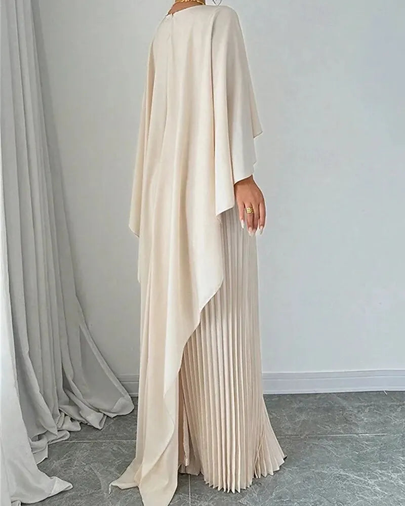 Elegant Column Crew Neck Cape-sleeve Pleated Beige Maxi Prom Dress for Women Custom