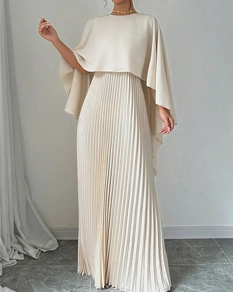 Elegant Column Crew Neck Cape-sleeve Pleated Beige Maxi Prom Dress for Women Custom