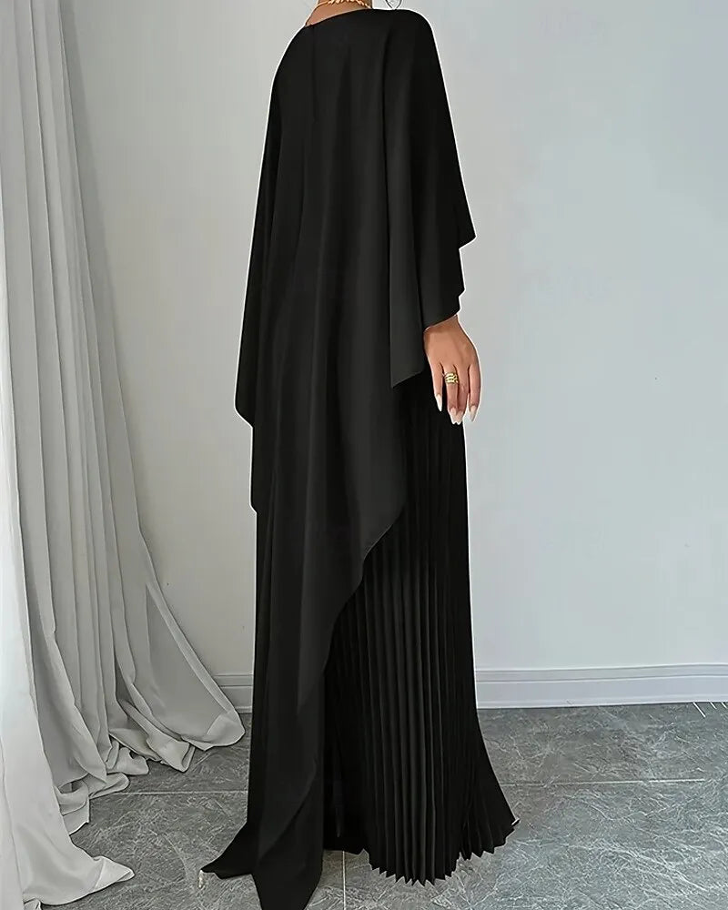 Elegant Column Crew Neck Cape-sleeve Pleated Beige Maxi Prom Dress for Women Custom