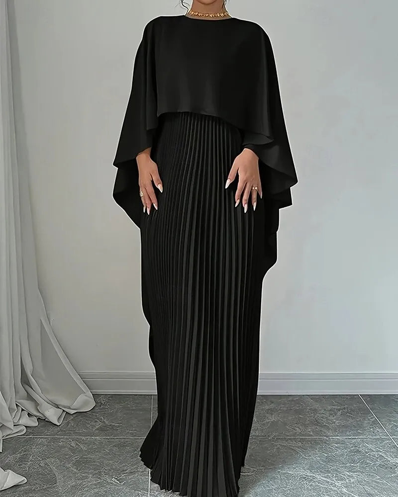 Elegant Column Crew Neck Cape-sleeve Pleated Beige Maxi Prom Dress for Women Custom