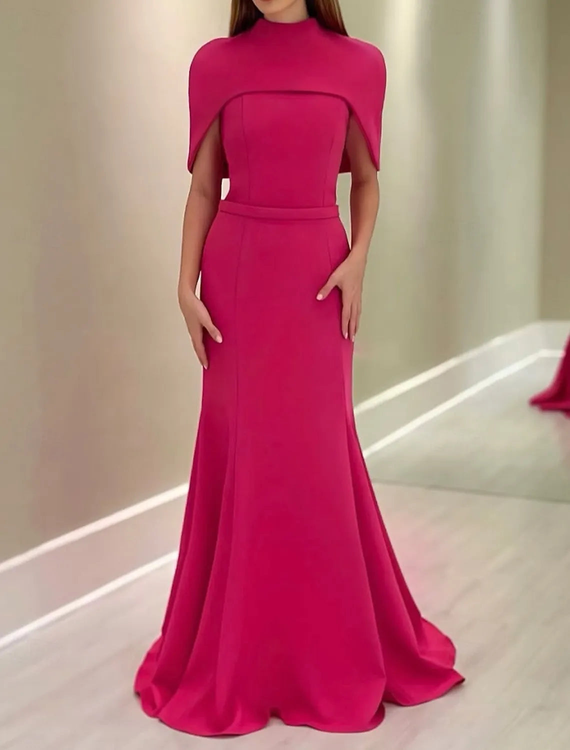 Elegant Convertible Mermaid Strapless Cape Sleeve Fuchsia Train Evening Dress For Sale