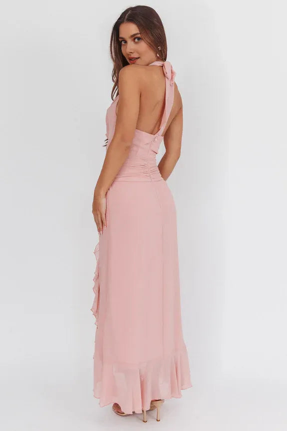 Elegant Cowl Halter Neck Ruffle Blush Maxi Homecoming Prom Dress With Slit