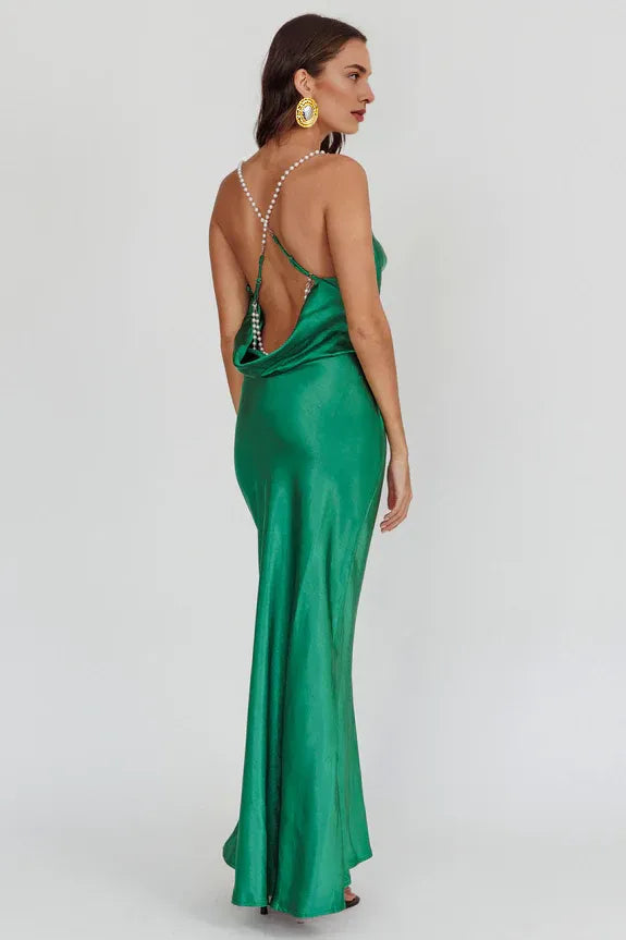 Elegant Cowl Neck Pearl Crossover Straps Satin Emerald Maxi Evening Dress