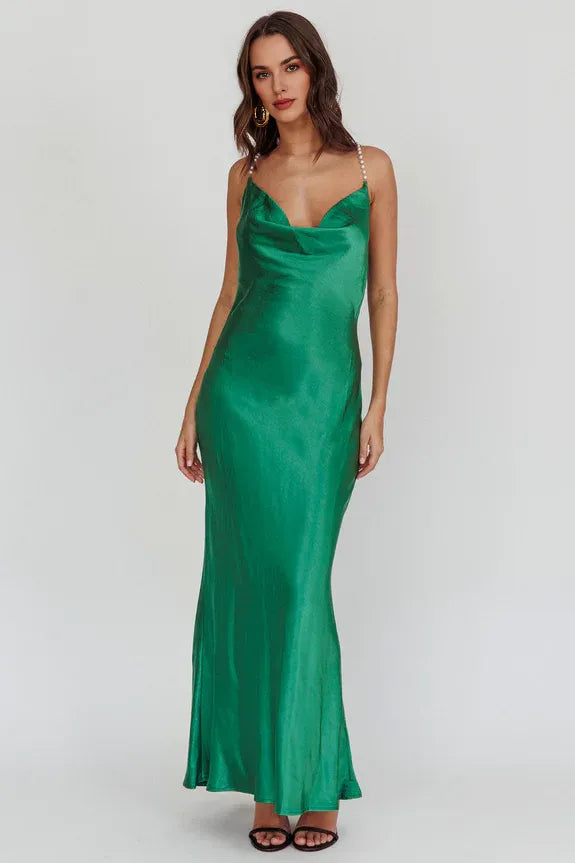 Elegant Cowl Neck Pearl Crossover Straps Satin Emerald Maxi Evening Dress