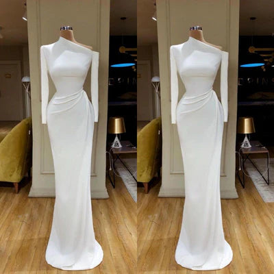 Elegant Creamy White Unique Neck Long sleeves Mermaid Floor Length Evening Dress