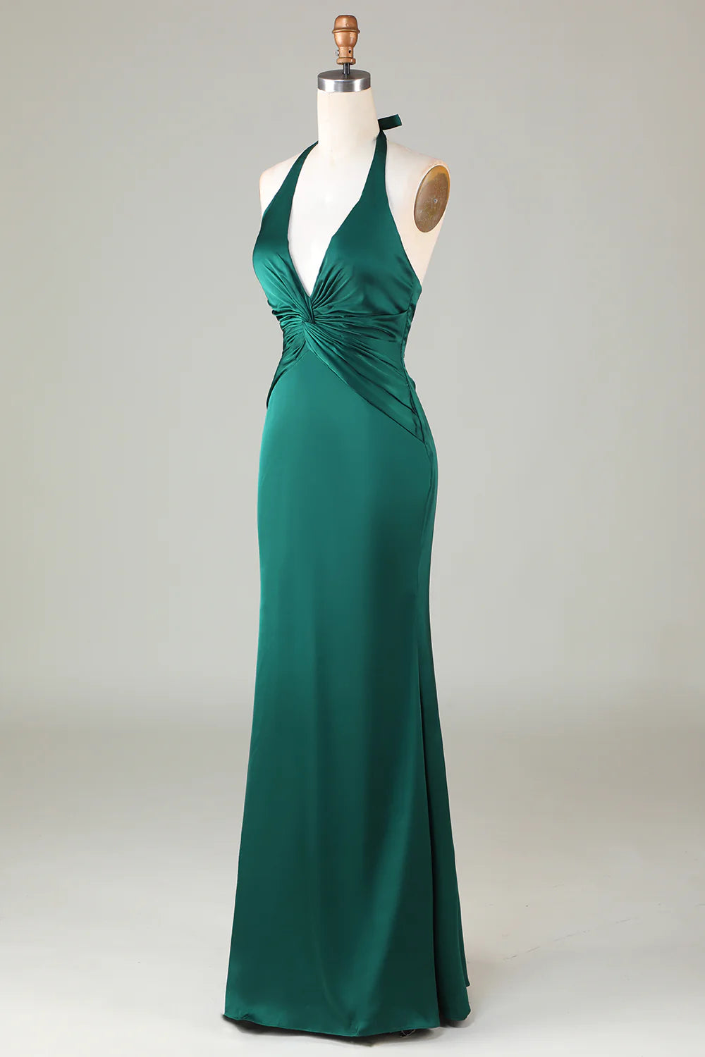 Elegant Dark Green Pleated Halter Deep V-Neckline Mermaid Dark Green Bridesmaid Dress