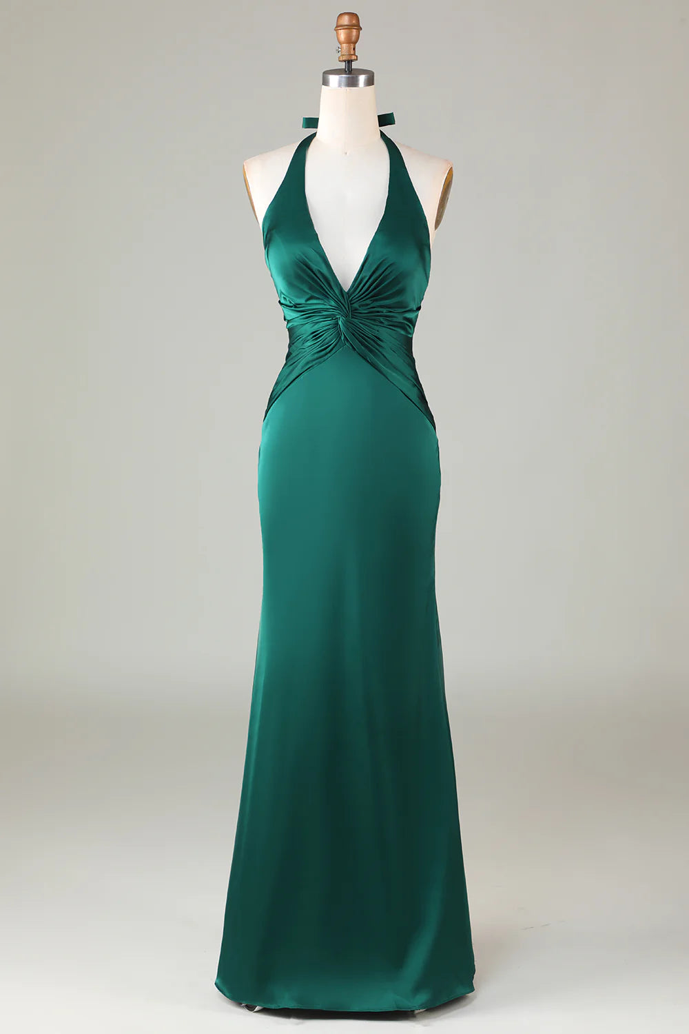 Elegant Dark Green Pleated Halter Deep V-Neckline Mermaid Dark Green Bridesmaid Dress