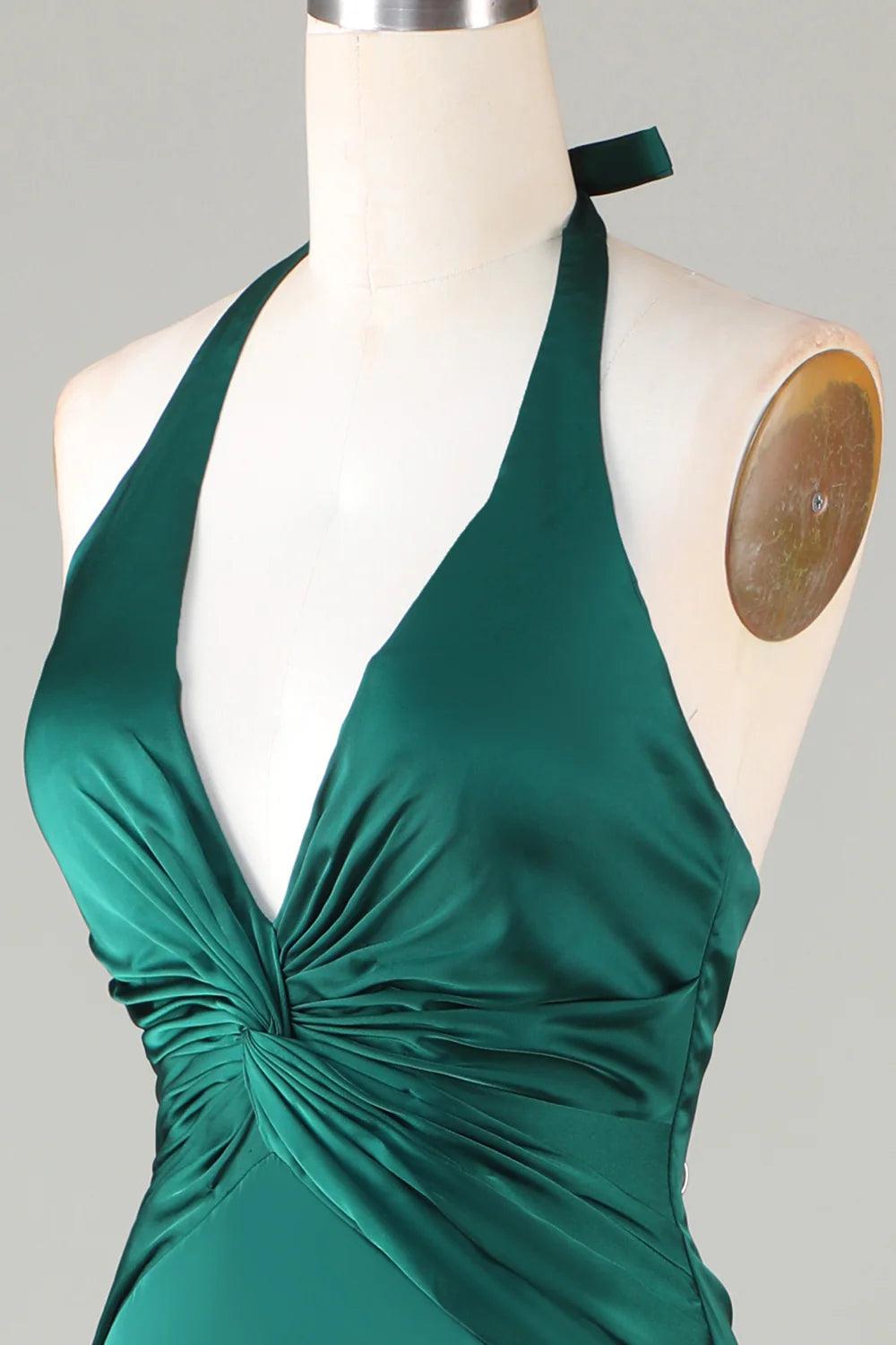 Elegant Dark Green Pleated Halter Deep V-Neckline Mermaid Dark Green Bridesmaid Dress