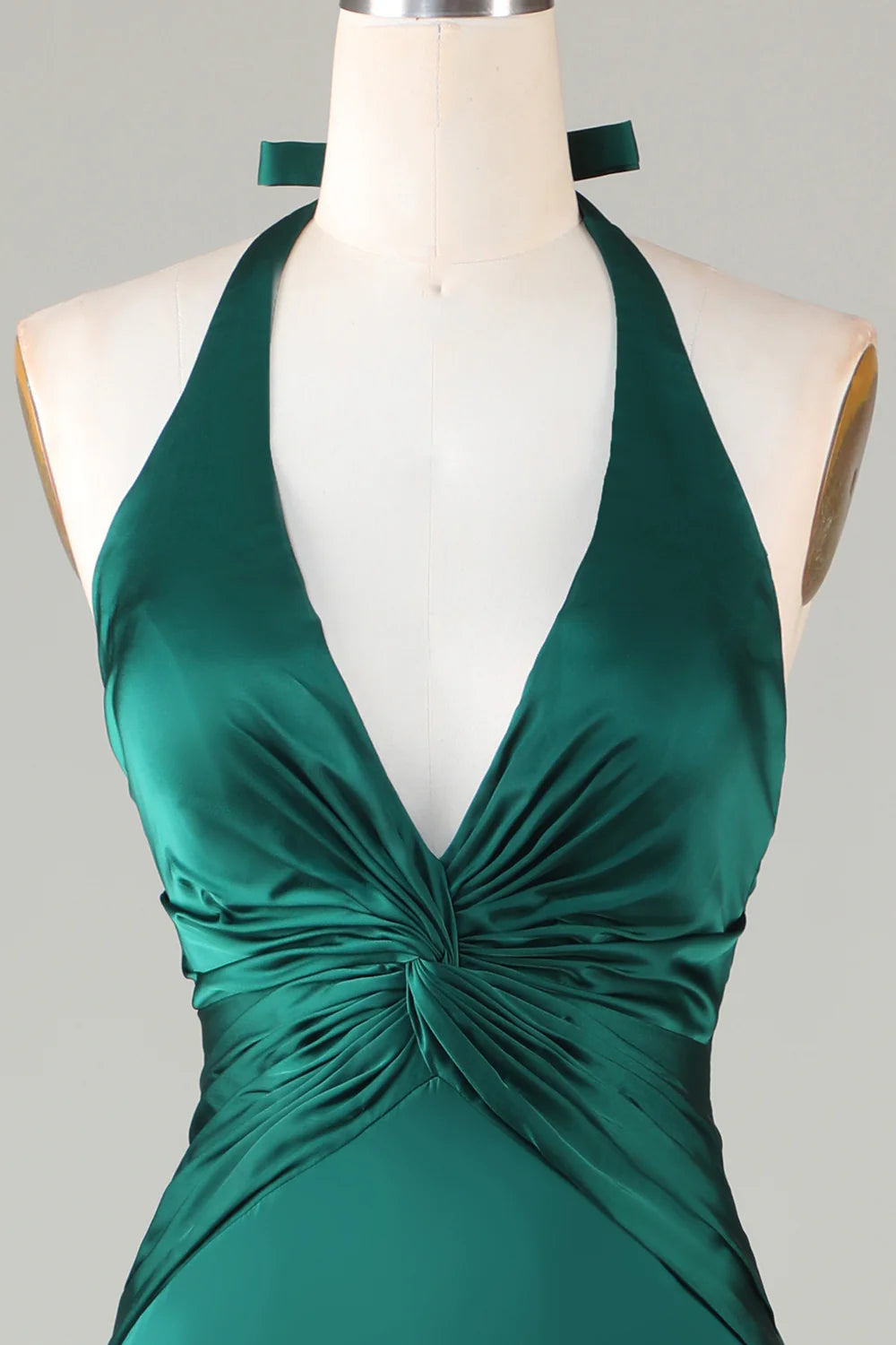 Elegant Dark Green Pleated Halter Deep V-Neckline Mermaid Dark Green Bridesmaid Dress