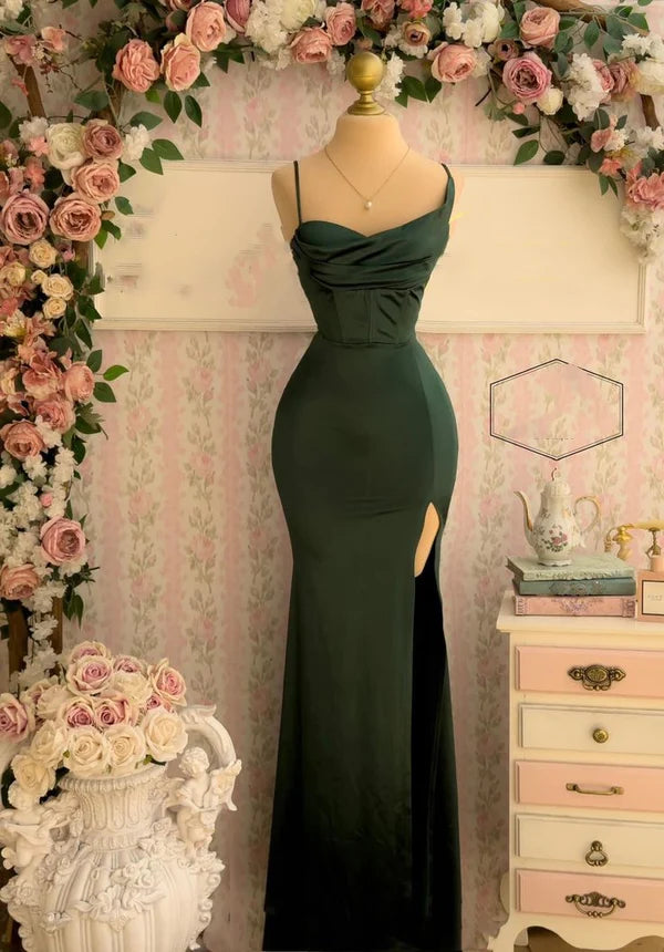 Elegant Dark Green Satin Mermaid Spaghetti Straps High Slit Long Prom Dresses Budget Dark Green Party Dress