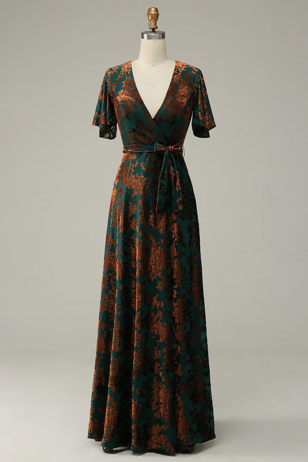 Elegant Dark Green Velvet Printing V Neck Short Sleeve Floor Length Dress prom Dress