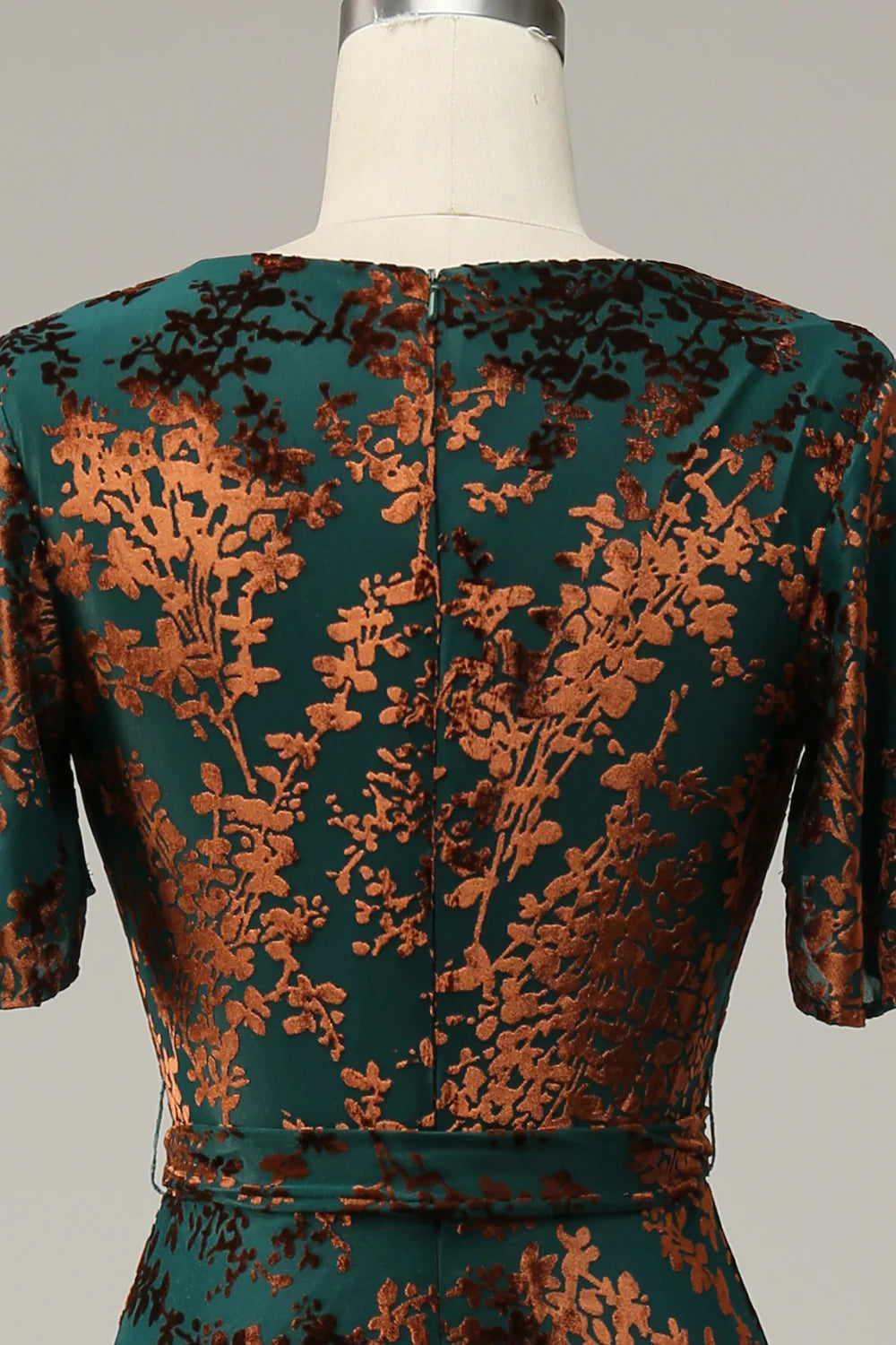 Elegant Dark Green Velvet Printing V Neck Short Sleeve Floor Length Dress prom Dress