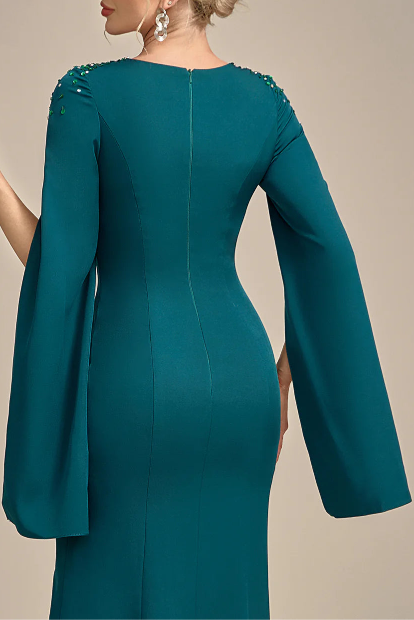 Elegant Dark Green With Beaded Mermaid Round Neck Ankle Length Mother of the Bride Dress