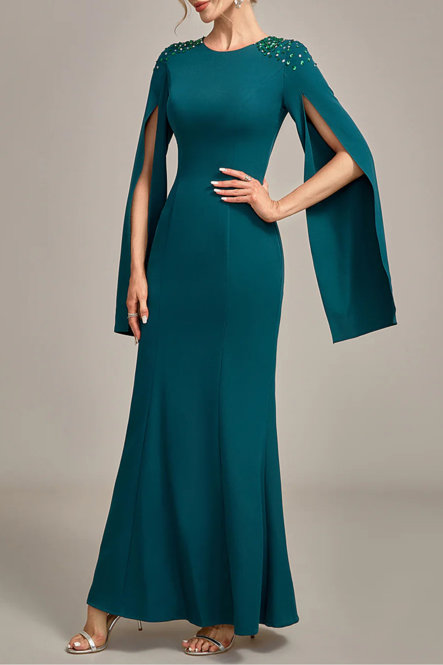 Elegant Dark Green With Beaded Mermaid Round Neck Ankle Length Mother of the Bride Dress