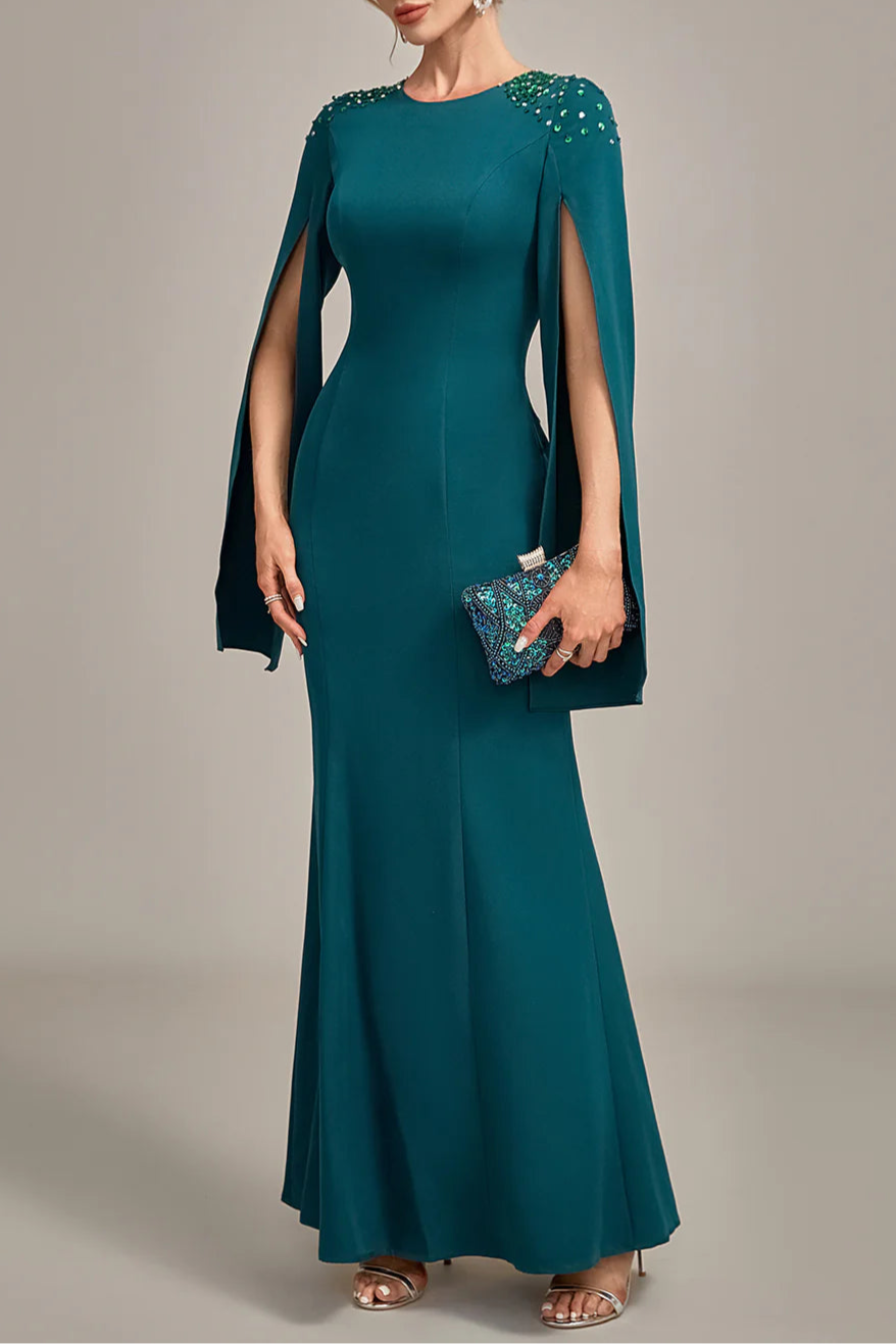 Elegant Dark Green With Beaded Mermaid Round Neck Ankle Length Mother of the Bride Dress