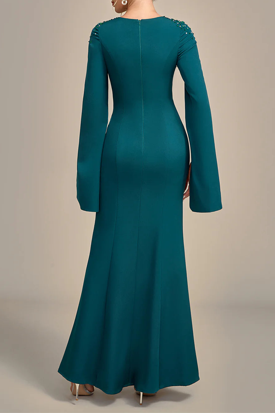 Elegant Dark Green With Beaded Mermaid Round Neck Ankle Length Mother of the Bride Dress