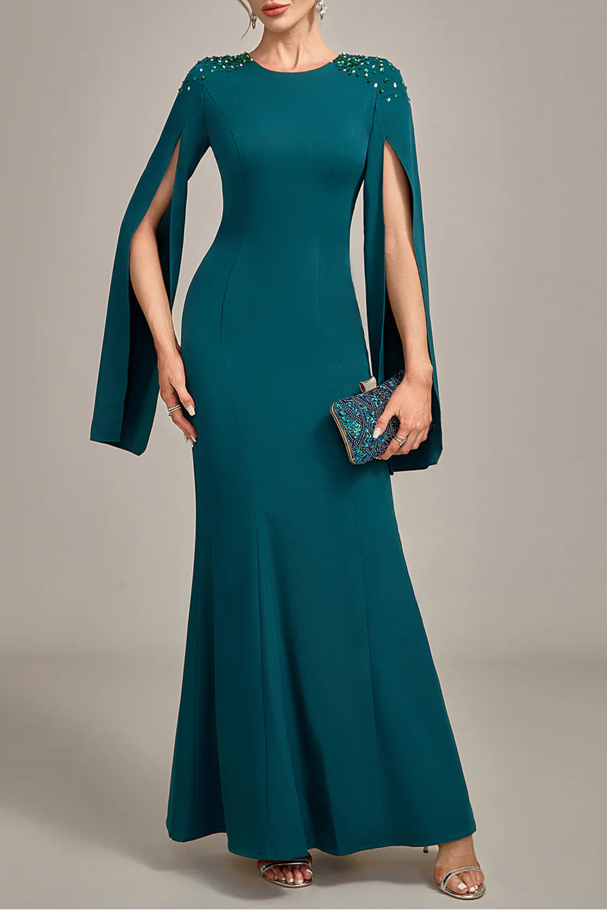 Elegant Dark Green With Beaded Mermaid Round Neck Ankle Length Mother of the Bride Dress