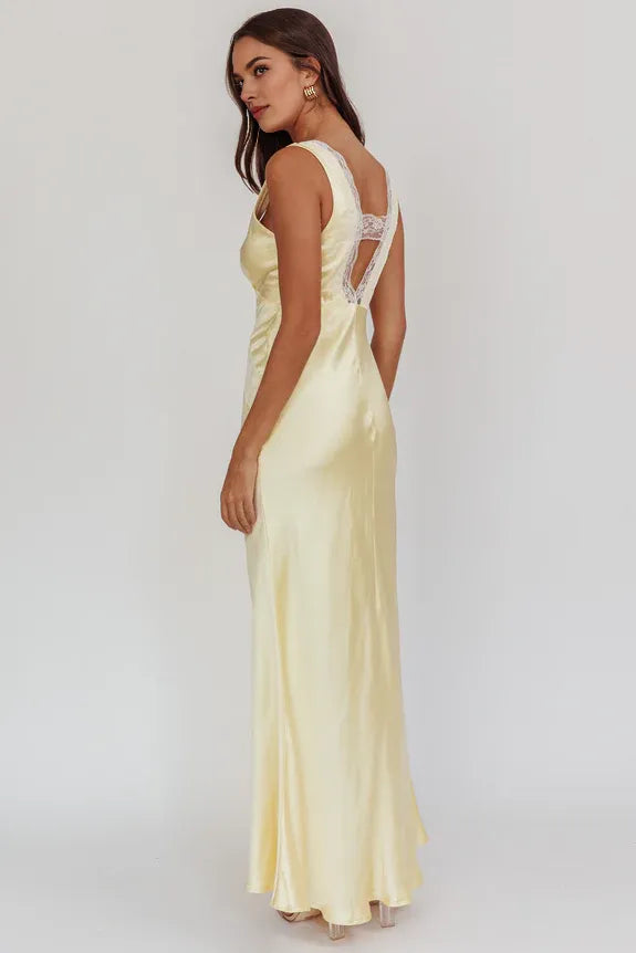 Elegant Deep V-neck Lace Trim V-Neck Satin Butter Maxi Evening Dress