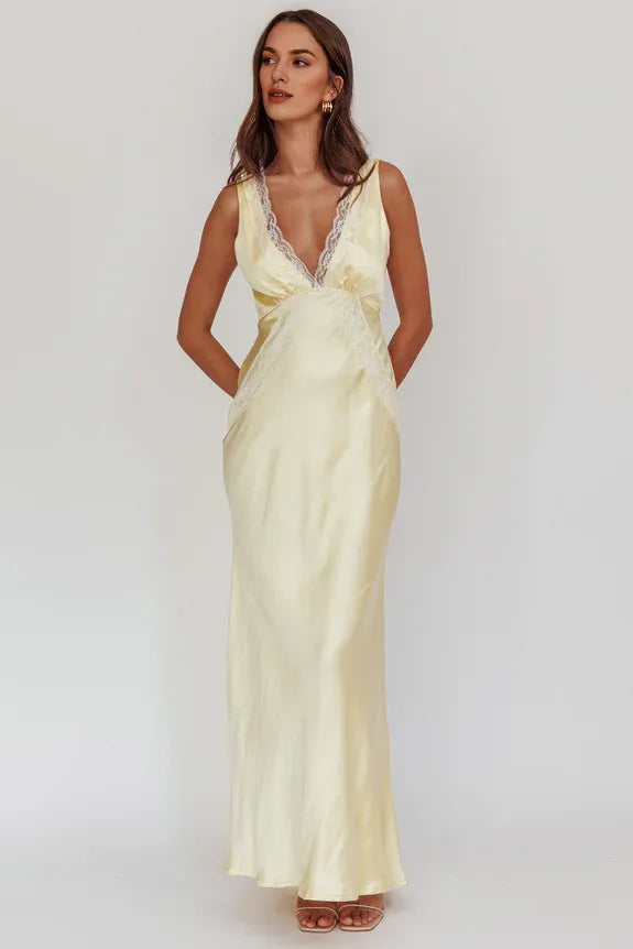 Elegant Deep V-neck Lace Trim V-Neck Satin Butter Maxi Evening Dress