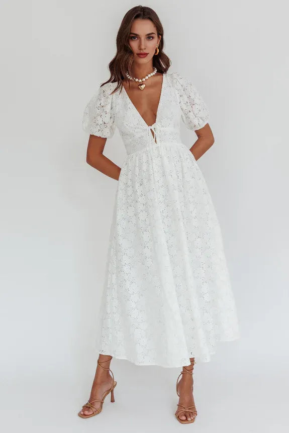 Elegant Deep V Neck Puff Sleeve Tie Lace White Midi Evening Dress