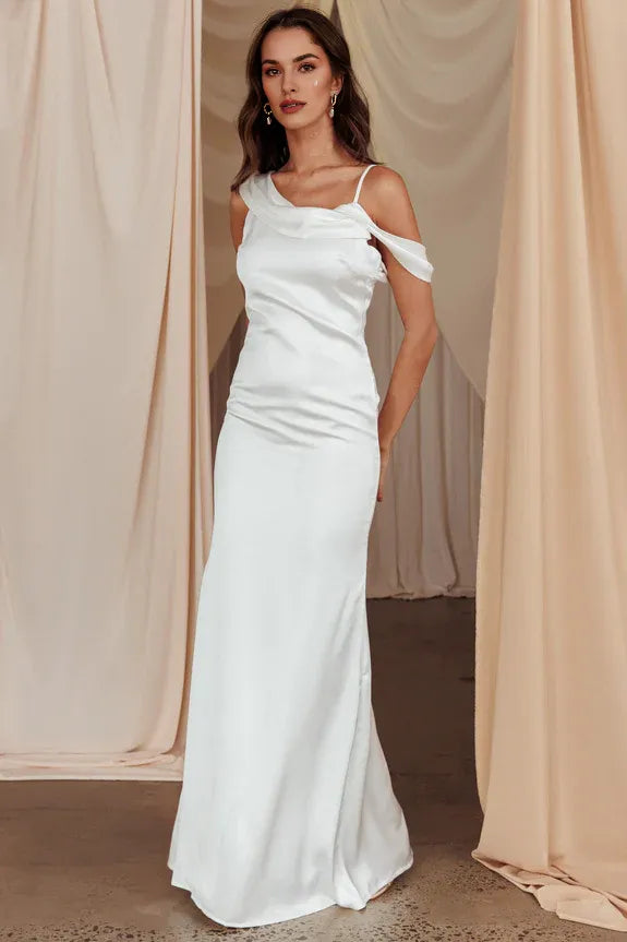 Elegant Draped Shoulder Open Back White Maxi Evening Dress For Women