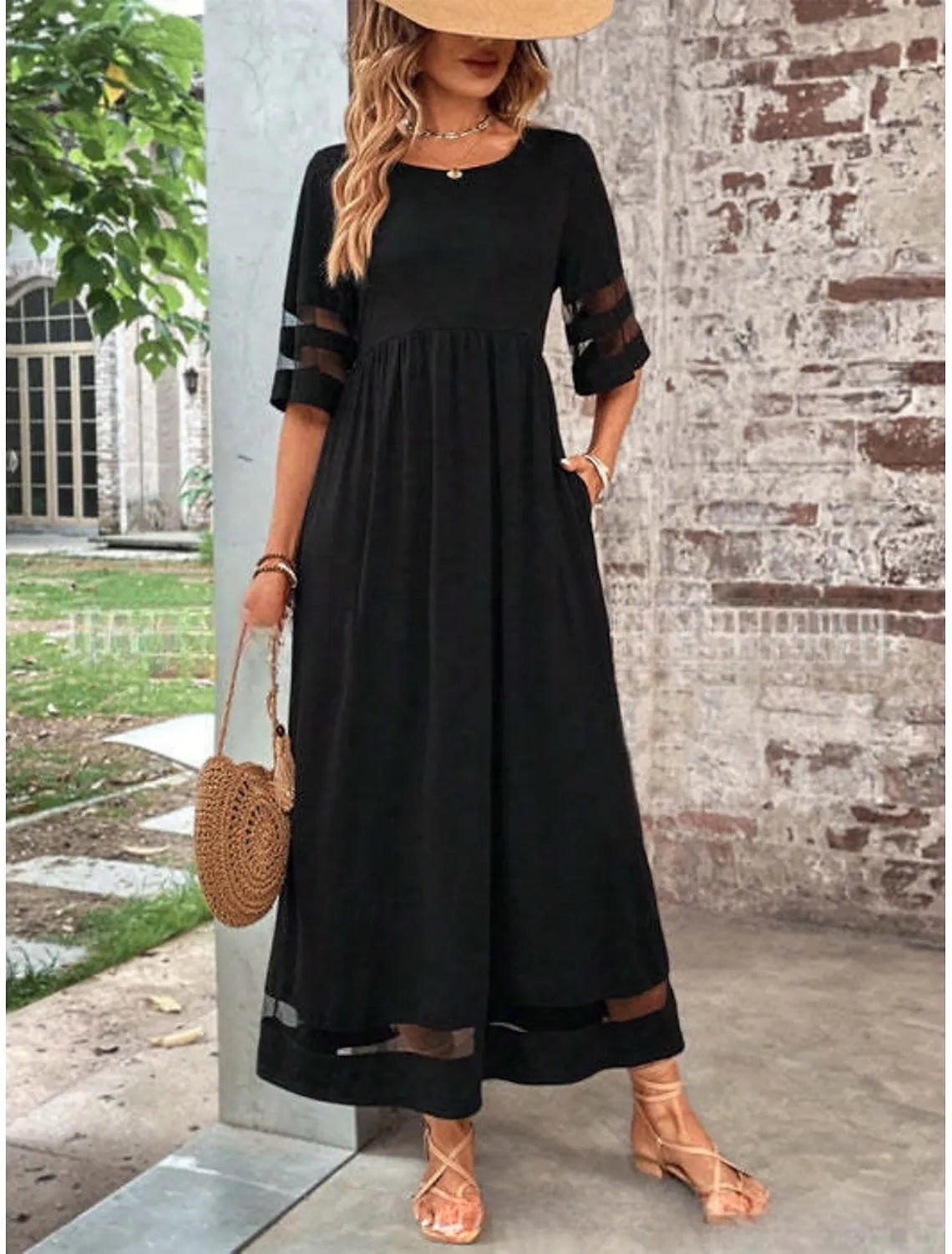 Elegant Empire-waist Crew Neck Half-sleeve Mesh-insert Black Maxi Prom Dress With Pocket Ready to Ship