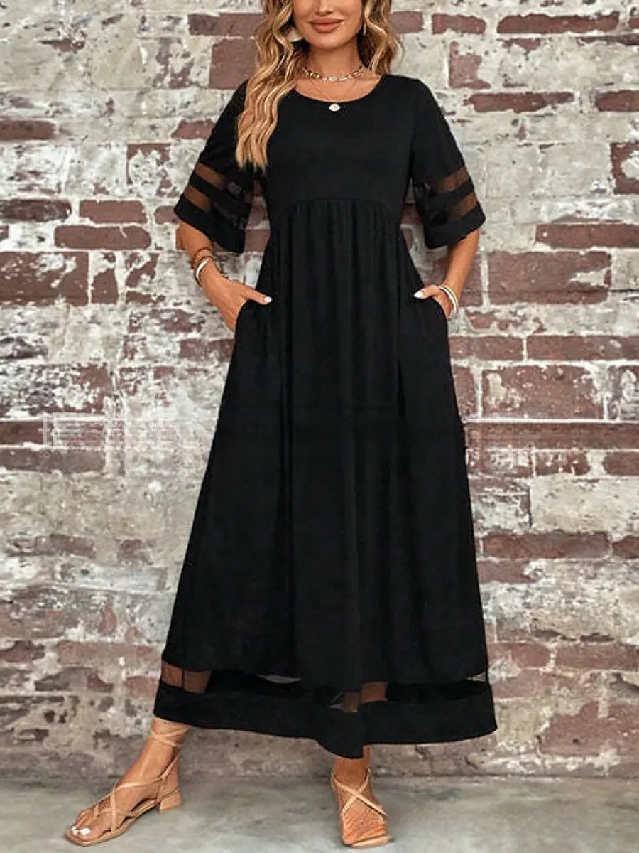 Elegant Empire-waist Crew Neck Half-sleeve Mesh-insert Black Maxi Prom Dress With Pocket Ready to Ship
