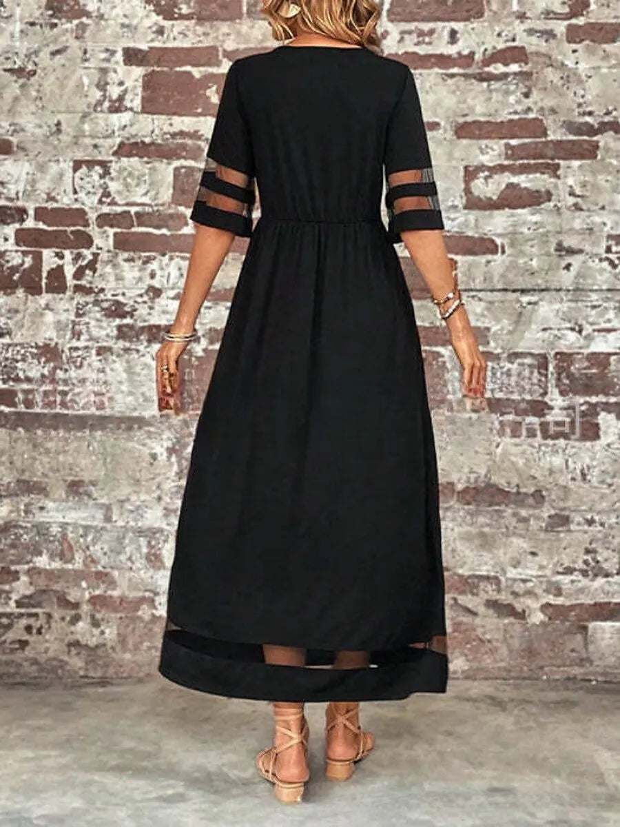 Elegant Empire-waist Crew Neck Half-sleeve Mesh-insert Black Maxi Prom Dress With Pocket Ready to Ship