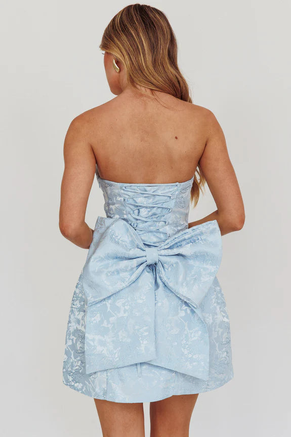 Elegant Flared Strapless Sleeveless Bow Lace-up Blue Mini Homecoming Dress