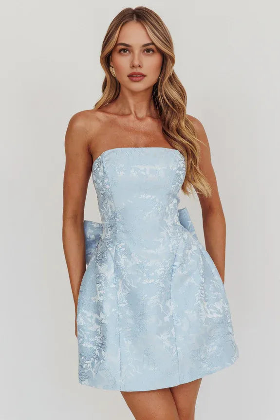 Elegant Flared Strapless Sleeveless Bow Lace-up Blue Mini Homecoming Dress