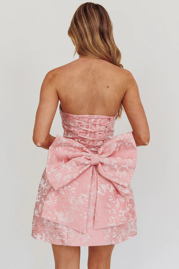Elegant Flared Strapless Sleeveless Bow Lace-up Pink Mini Homecoming Dress