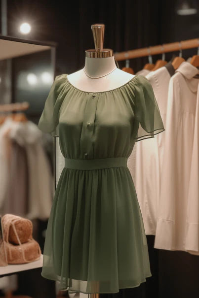 Elegant Flowy Dark Green Chiffon Round Neck Short Sleeves Short Bridesmaid Dress With Jewel