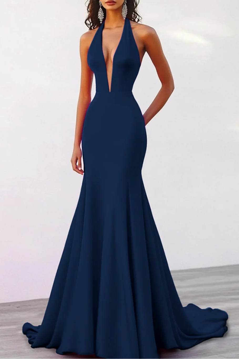 Elegant Fuchsia Halter Deep V Neck Mermaid Floor Length Evening Dress Fuchsia Prom Dress