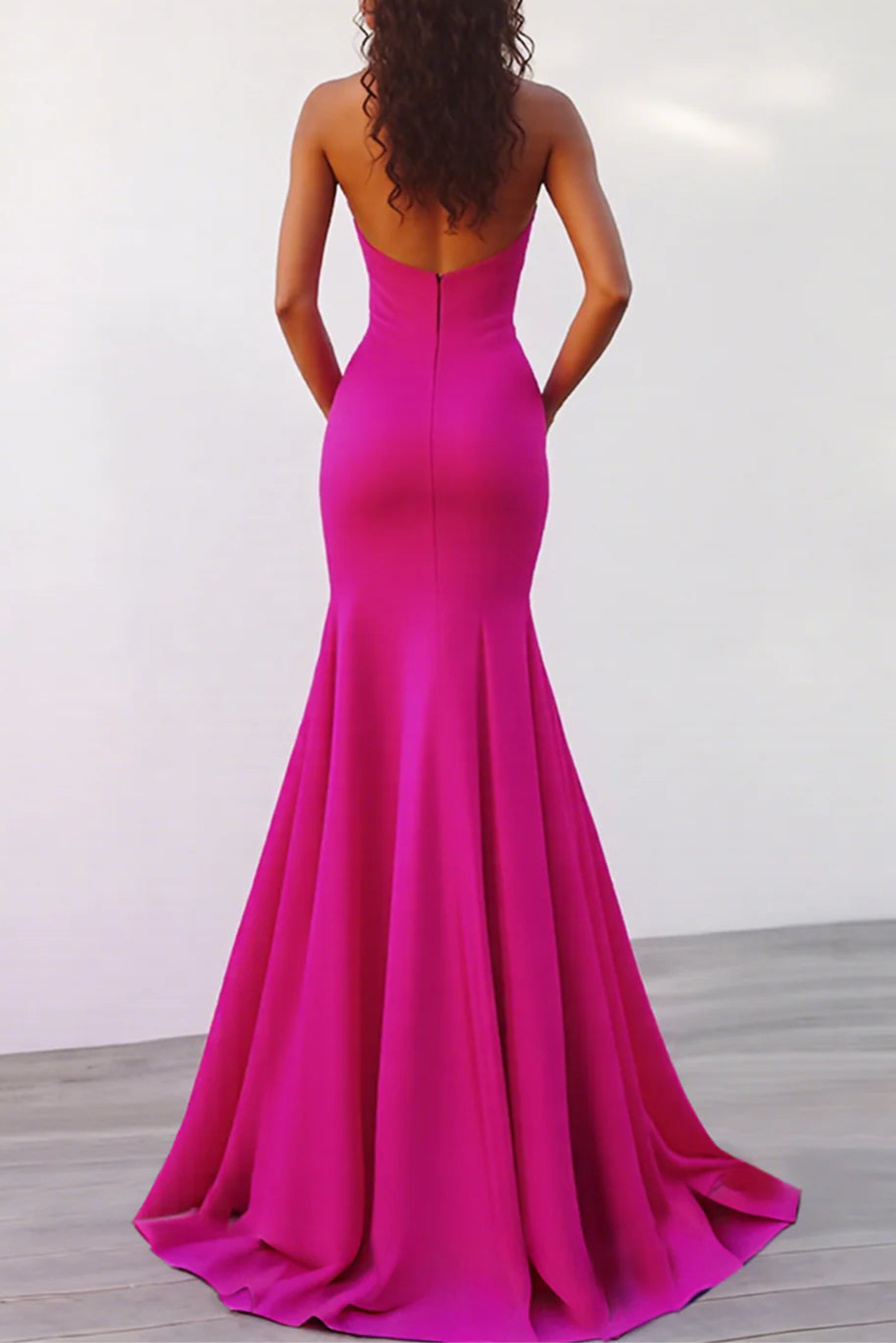 Elegant Fuchsia Halter Deep V Neck Mermaid Floor Length Evening Dress Fuchsia Prom Dress