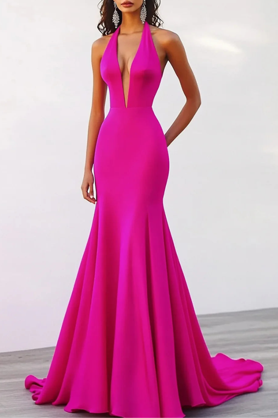 Elegant Fuchsia Halter Deep V Neck Mermaid Floor Length Evening Dress Fuchsia Prom Dress