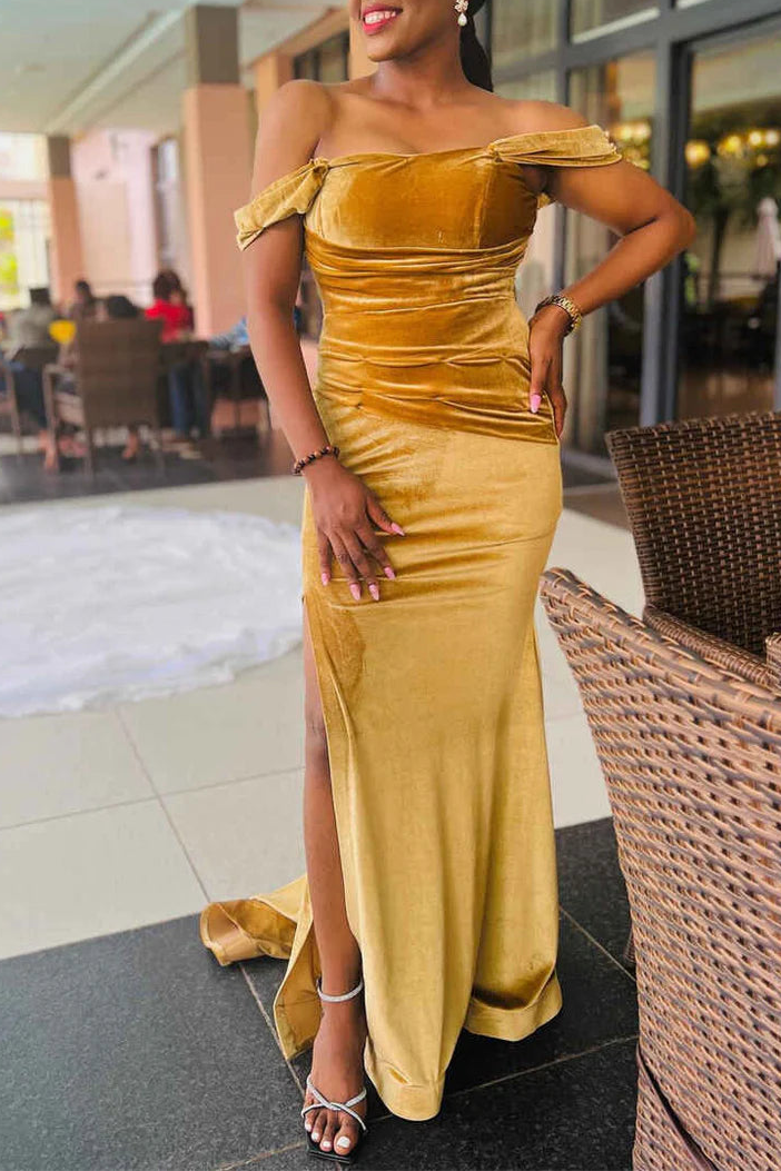 Elegant Gold Velvet Off-the-Shoulder Mermaid Floor Length Bridesmaid Dress With Side Slit