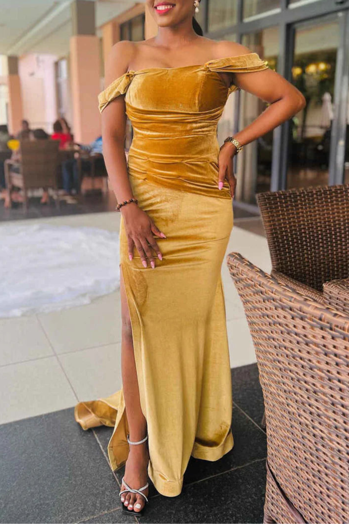 Elegant Gold Velvet Off-the-Shoulder Mermaid Floor Length Bridesmaid Dress With Side Slit