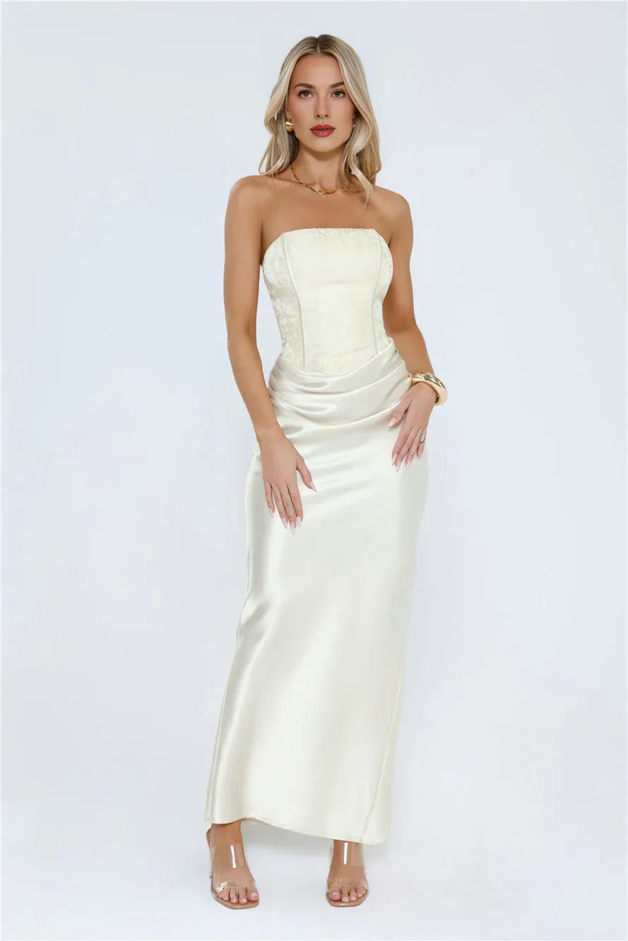 Elegant Gorgeous Mermaid Strapless Satin Ivory Maxi Prom Dress For Ladies Custom