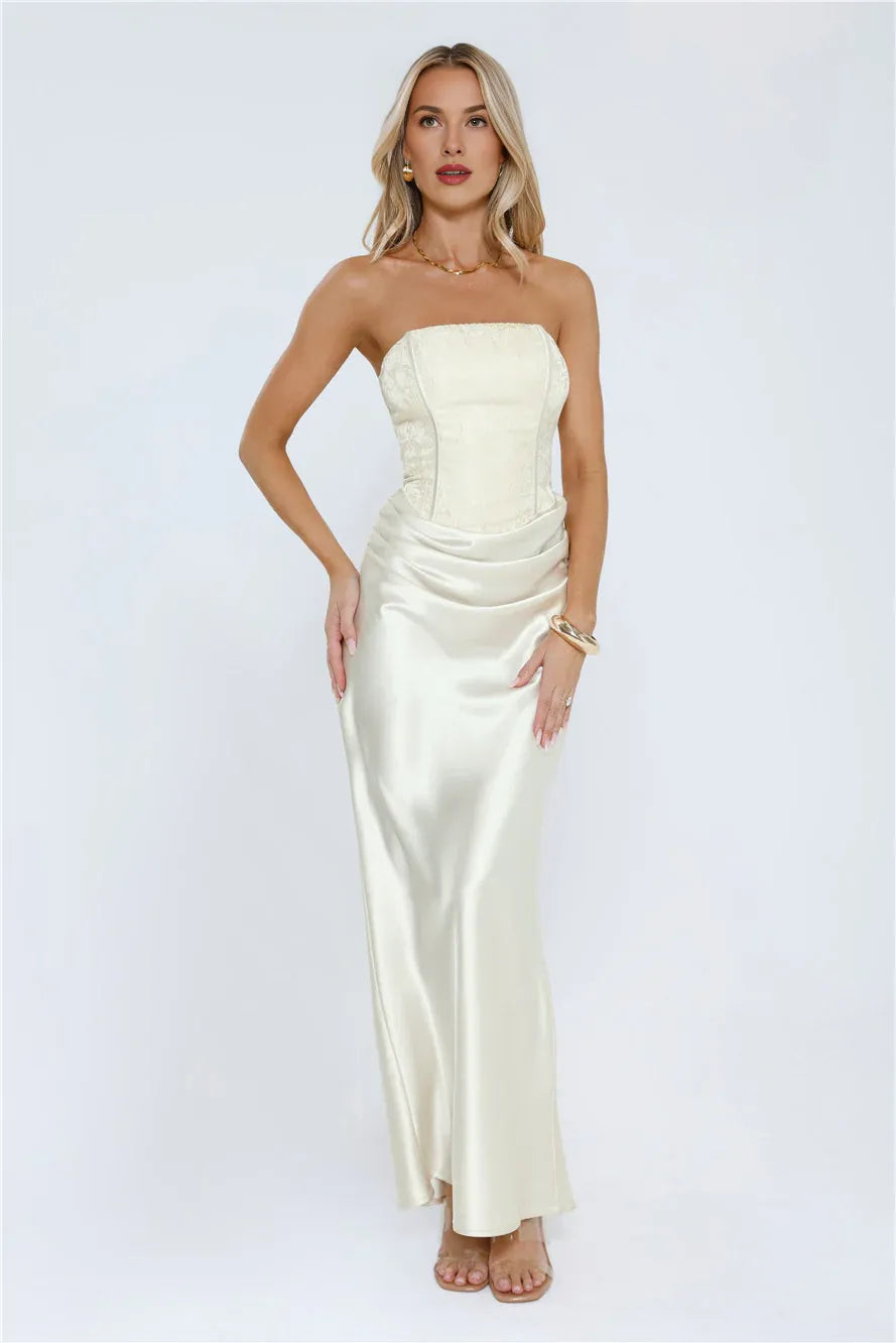 Elegant Gorgeous Mermaid Strapless Satin Ivory Maxi Prom Dress For Ladies Custom