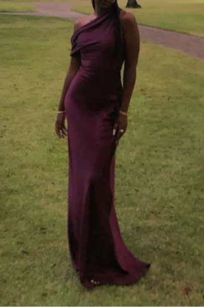 Elegant Grape Satin Mermaid One Shoulder Long Prom Dresses Casual Grape Party Dresses